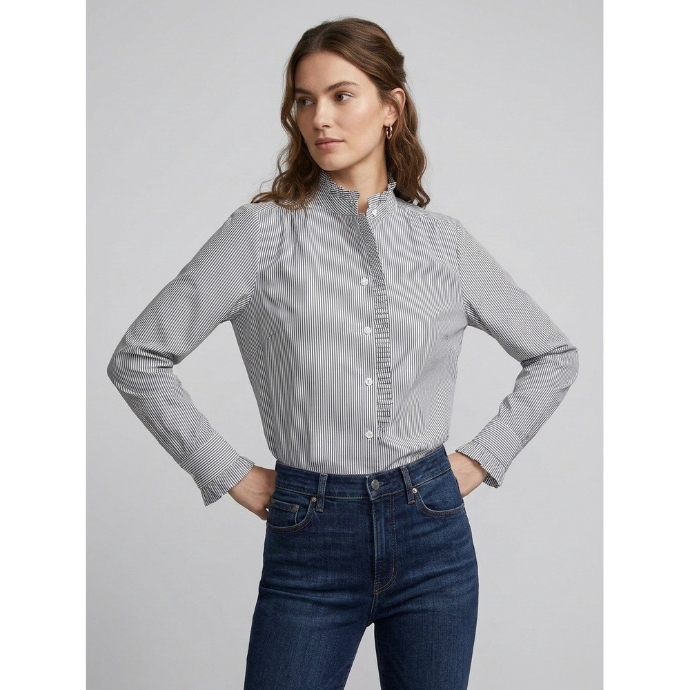 FRAME Ruffle Neck Button Down Shirt Noir Multi Pinstripe Cotton Size Small